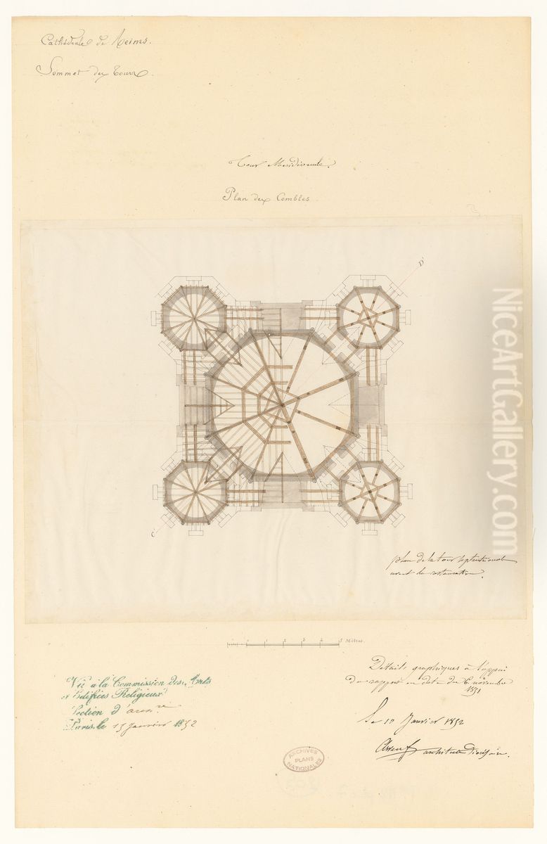 Plan des combles de la tour meridionale de la cathedrale de Reims (1852) Oil Painting by Jean-Jacques Arveuf-Fransquin