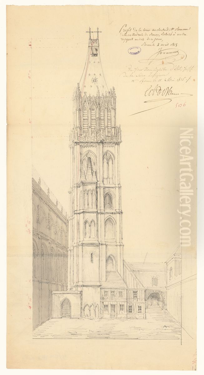 Profil de la tour Saint-Romain de la cathedrale de Rouen (1825) Oil Painting by Jean Baptiste Francois Rene Jouannin
