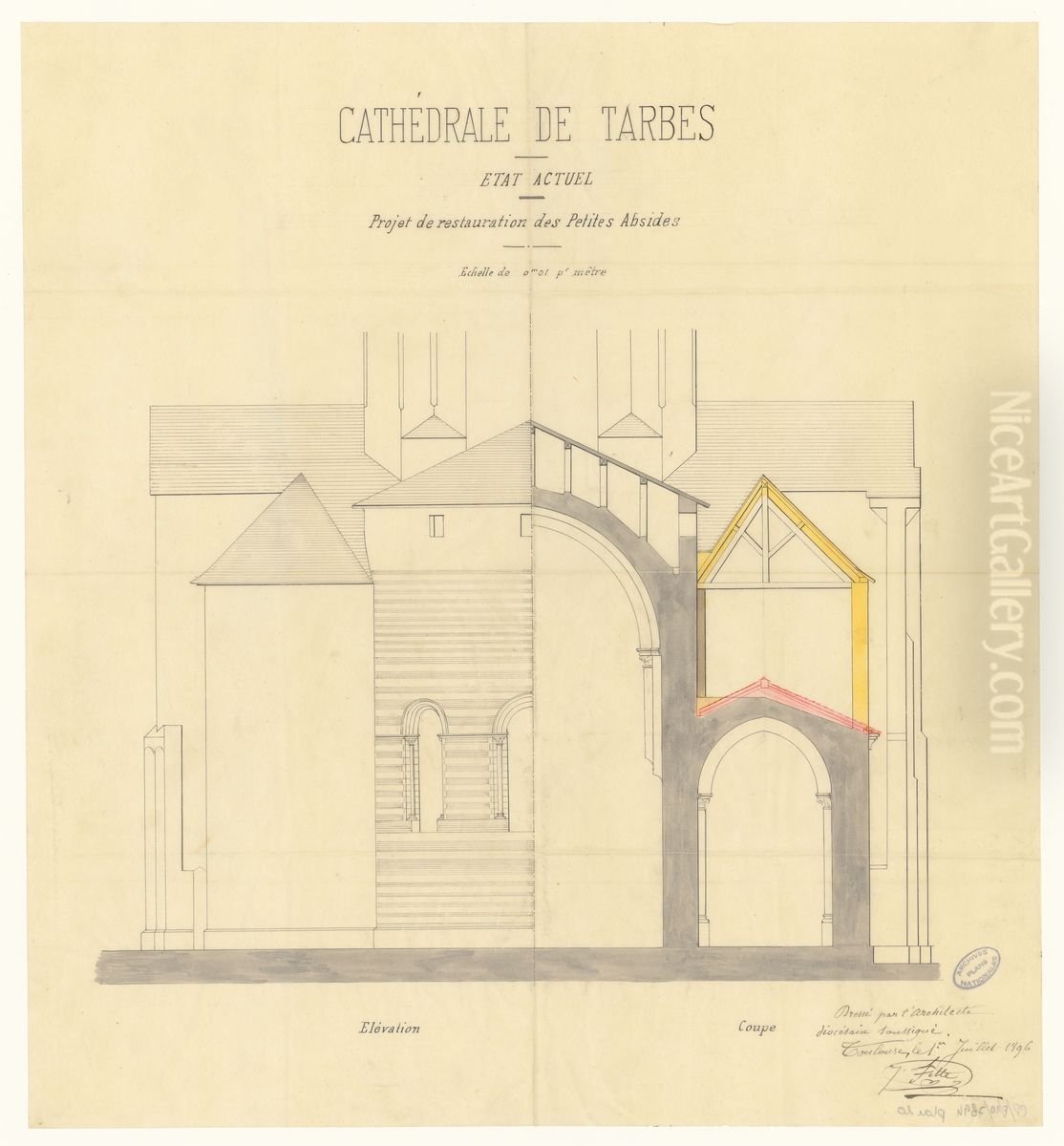 Projet de restauration des petites absides de la cathedrale de Tarbes (1896) Oil Painting by Justin Fitte