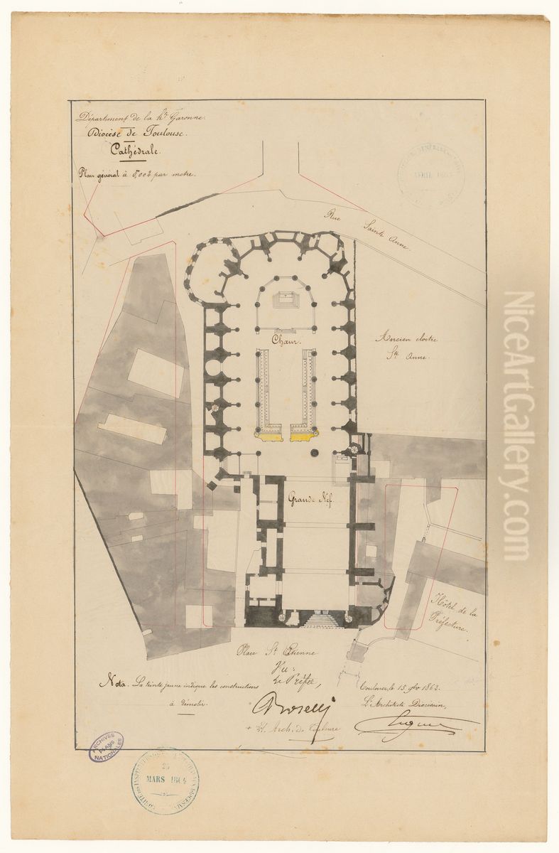 Plan general de la cathedrale de Toulouse (1862) Oil Painting by Jacques-Jean Esquie