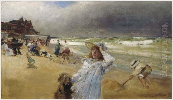 On the Beach, Broadstairs, Kent Oil Painting by Sir Robert Staples, 12th Baronet