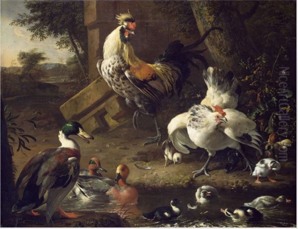 Poultry Oil Painting by Melchior D'Hondecoeter