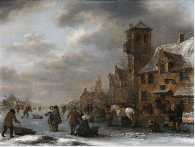 A Winter Scene Oil Painting by Nicolaes Molenaer