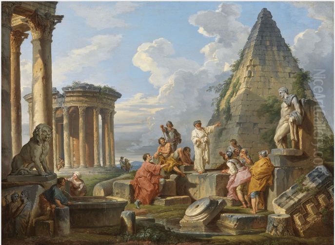 A Capriccio with Saint Paul Preaching to the Romans, with the Temple of Vesta and Pyramid of Caius Cestius Oil Painting by Giovanni Paolo Panini