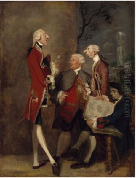 Caricature of Thomas Brudenell, Baron Bruce, the Hon. John Ward, Joseph Leeson, later 2nd Earl of Milltown, and Joseph Henry of Shafford Oil Painting by Of Sir Joshua Reynolds