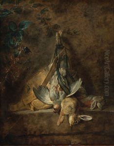 Two Rabbits, a Grey Partridge, Game Bag and a Powder Flask