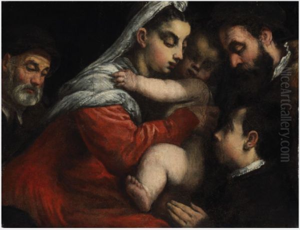 The Holy Family with Donors Oil Painting by Jacopo Bassano