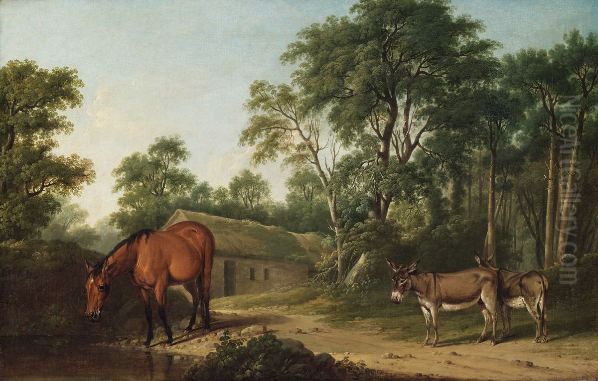 A Bay Horse and Two Donkeys Oil Painting by Thomas Roberts