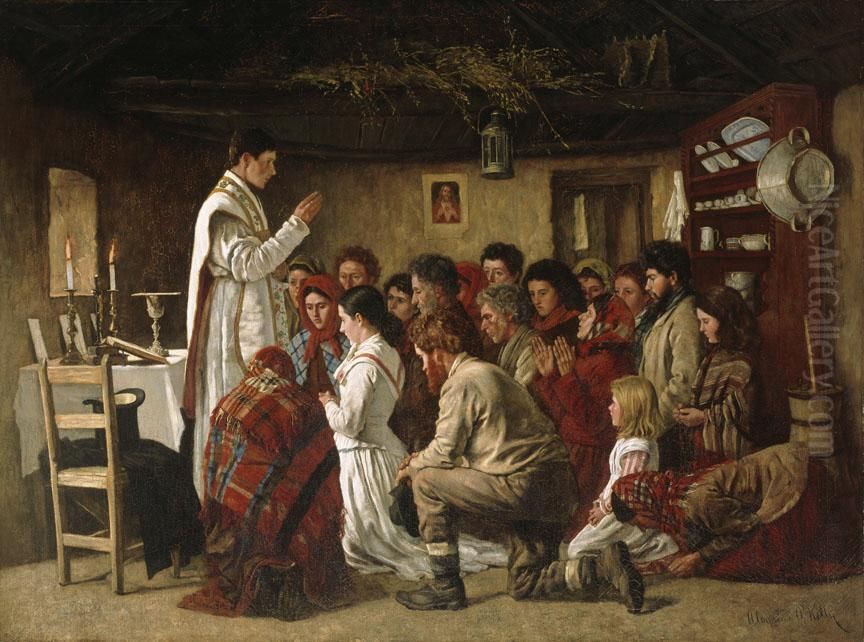 Mass in a Connemara Cabin Oil Painting by Aloysius O'Kelly