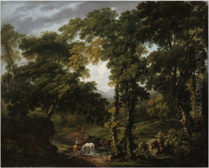 A Wooded River Landscape with Figures and Horses at a Ford and Fallow Deer in a Clearing Oil Painting by George Barret, Sr.