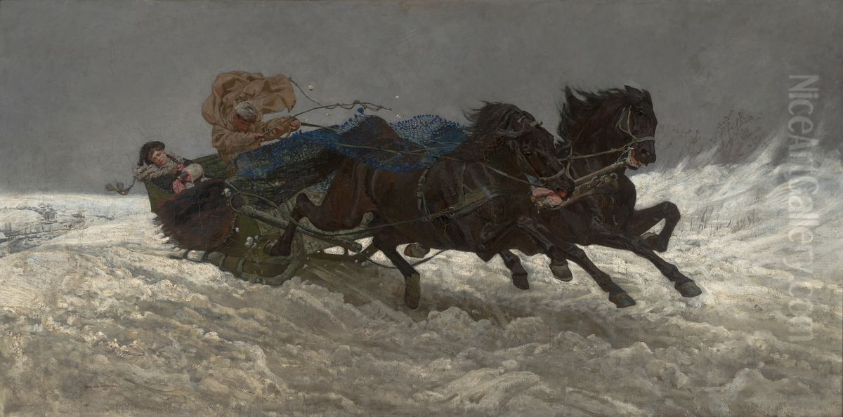 Return from a ball (Sleigh ride). Oil Painting by Jozef Chelmonski