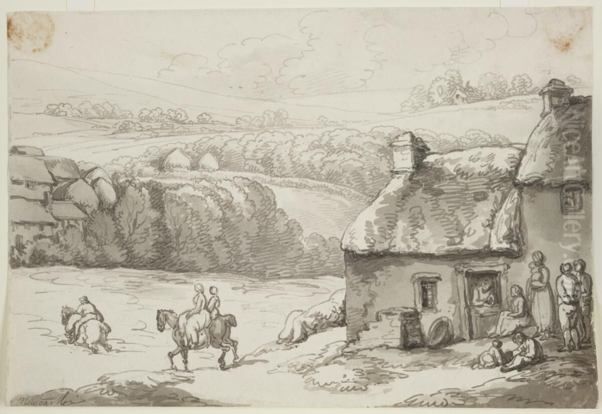 View of Newcastle Emlyn Oil Painting by Thomas Rowlandson