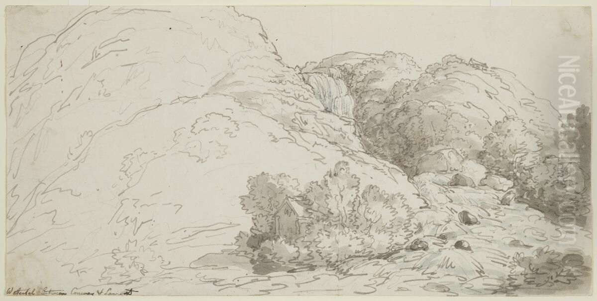 Watterfal between Conway and Lanrwst Oil Painting by Thomas Rowlandson