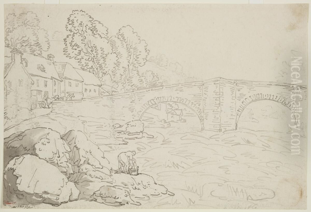 Newcastle Emlyn Oil Painting by Thomas Rowlandson