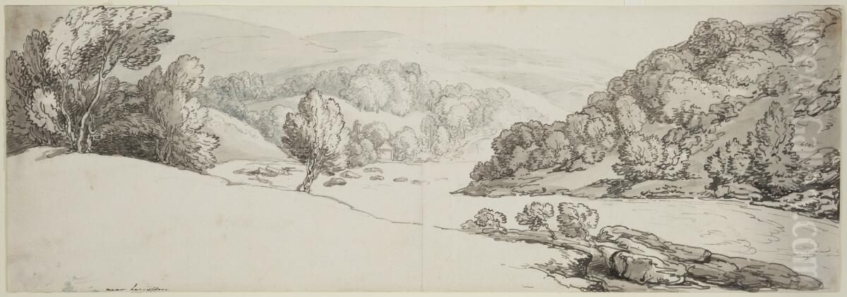 Bank of the Dee at Langollen Oil Painting by Thomas Rowlandson