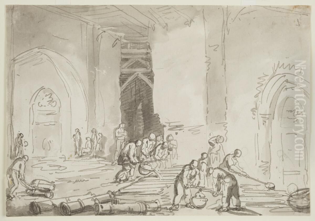Iron smelting at Neath Abbey ? Oil Painting by Thomas Rowlandson