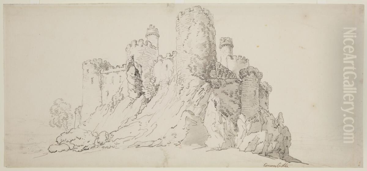 View of Conwy Castle Oil Painting by Thomas Rowlandson