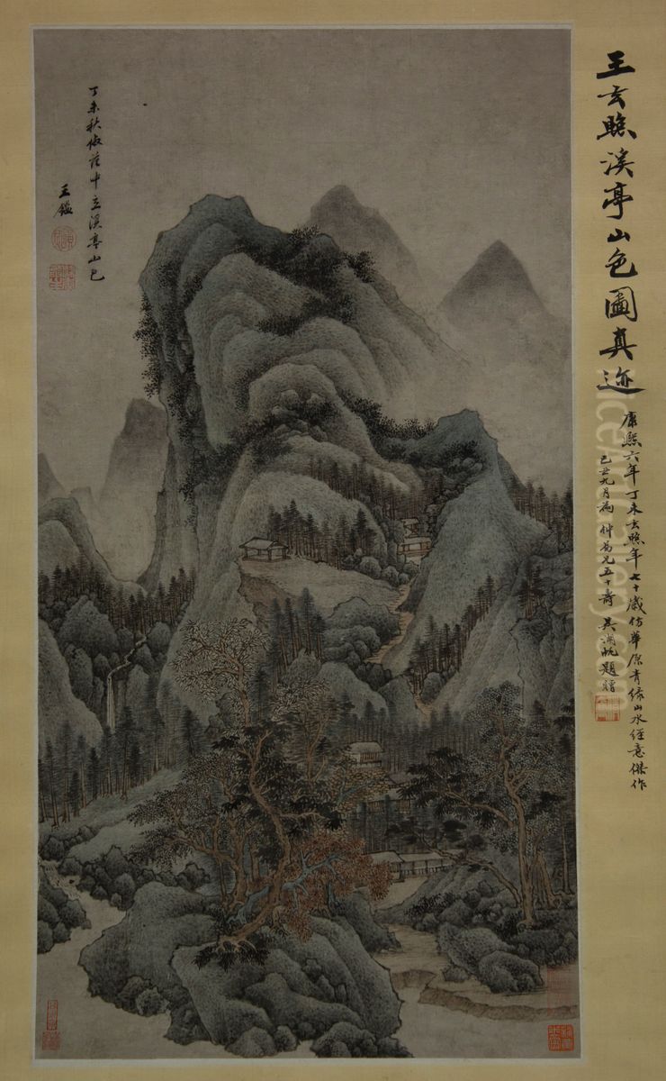 qing   wang jian   fang fan zhong li xi ting shan se tu Oil Painting by Wang Jian