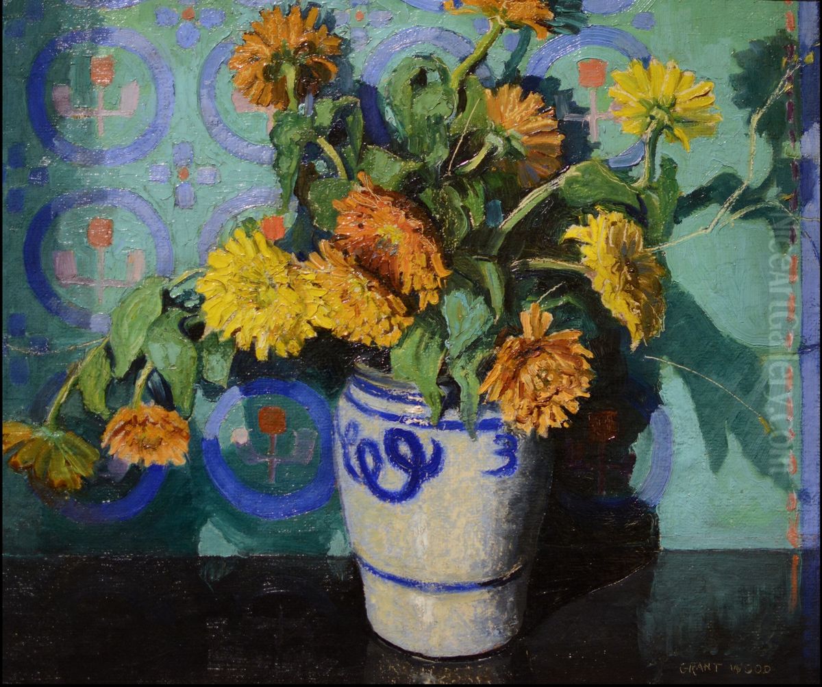 Calendulas Oil Painting by Grant Wood