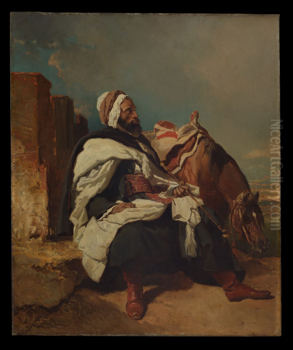 Seated Arab Man with Horse Oil Painting by Alfred De Dreux
