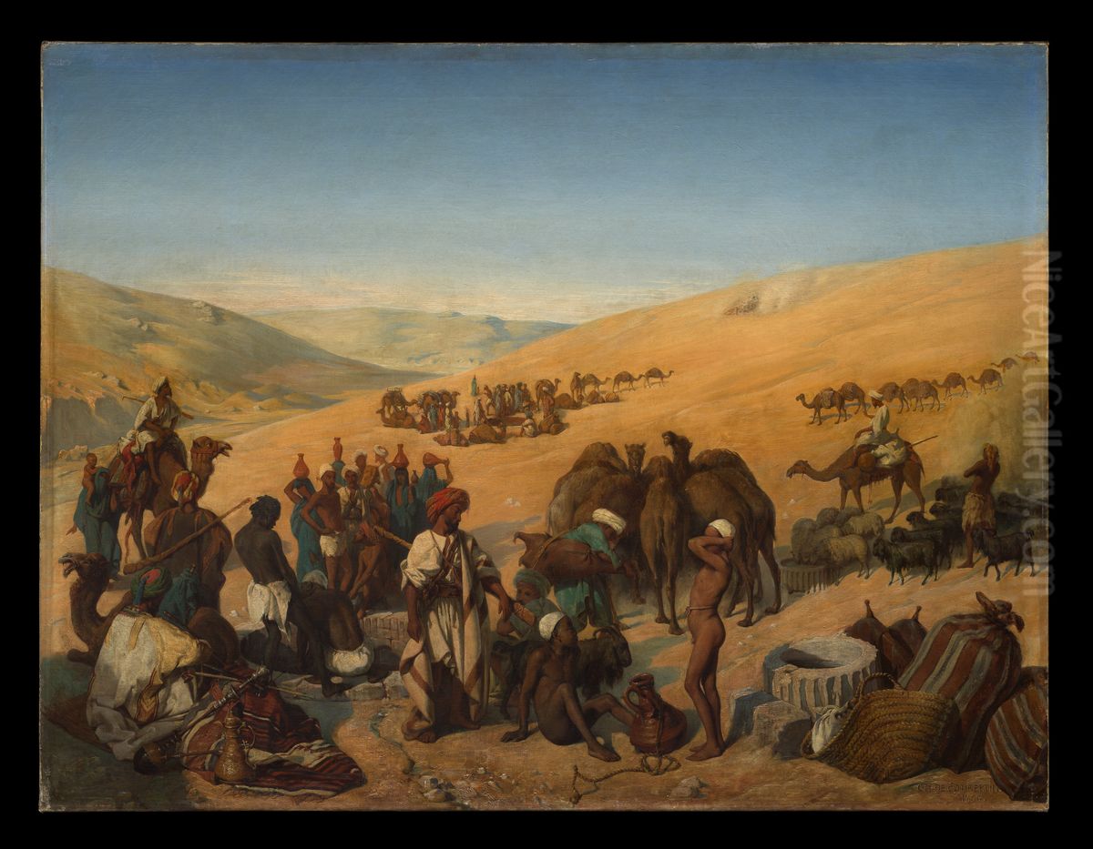 Halt of Caravans at the Wells of Saba (Beersheba) in the Desert South of Hebron Oil Painting by Charles Louis de Fredy, Baron de Coubertin