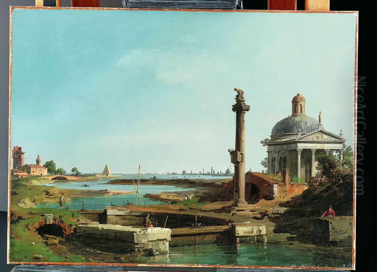 A Lock, a Column, and a Church beside a Lagoon Oil Painting by Canaletto