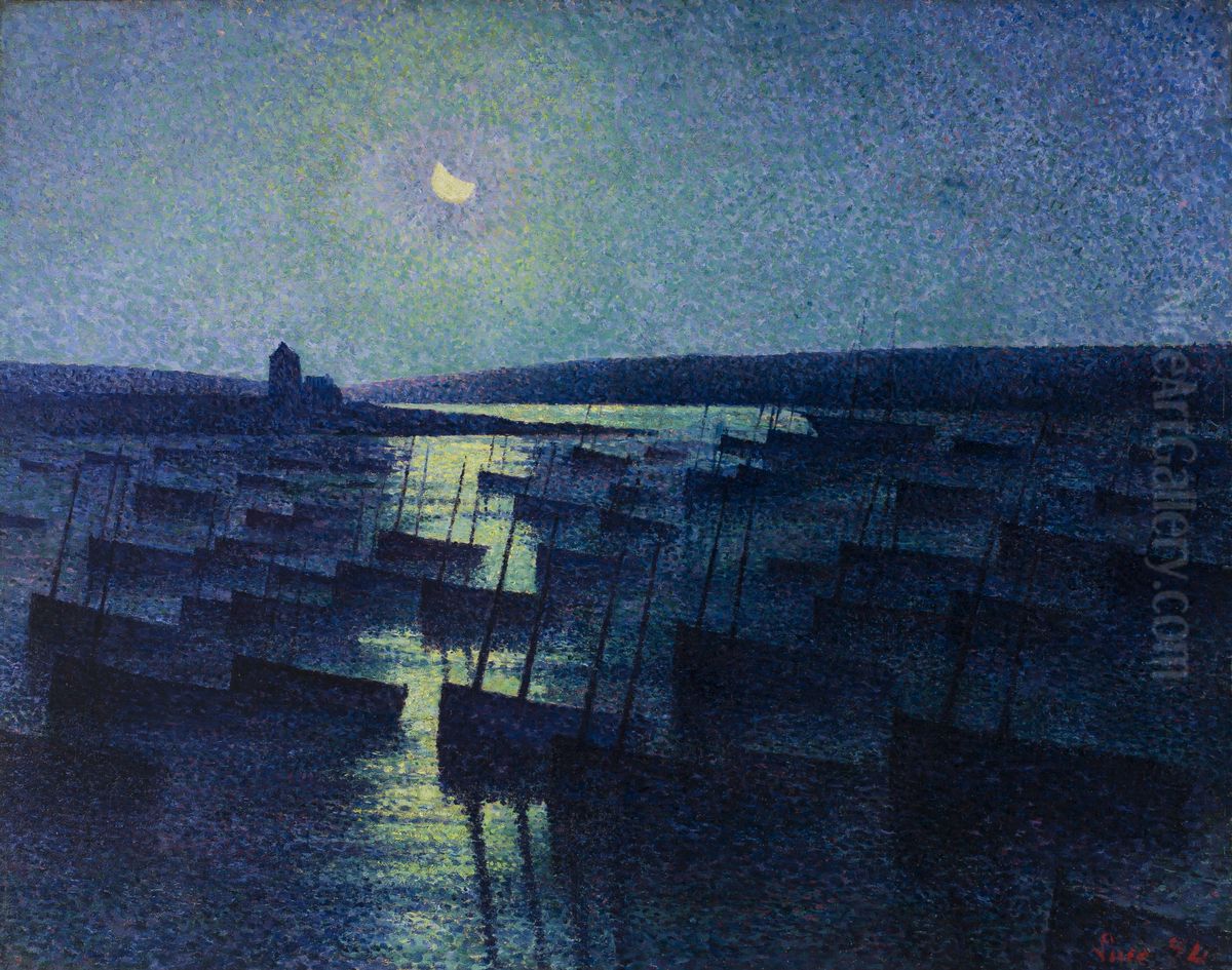 Camaret, Moonlight and Fishing Boats Oil Painting by Maximilien Luce