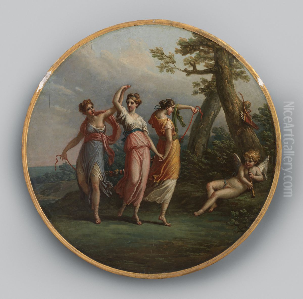 Three dancing nymphs and a reclining cupid in a landscape Oil Painting by Antonio Zucchi