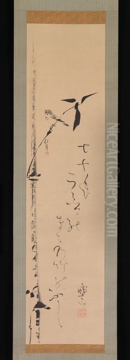 Sparrow and Bamboo Oil Painting by Sakai Hoitsu
