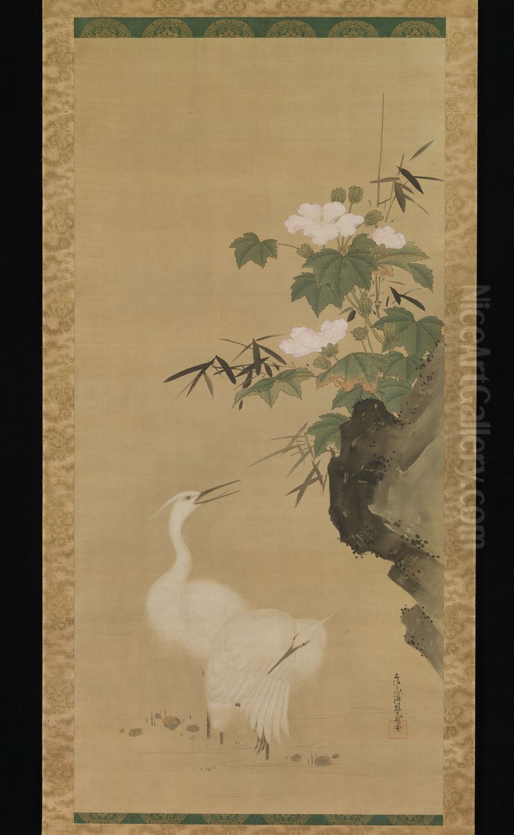 Egrets and Cotton Roses Oil Painting by Mitsuoki, Tosa