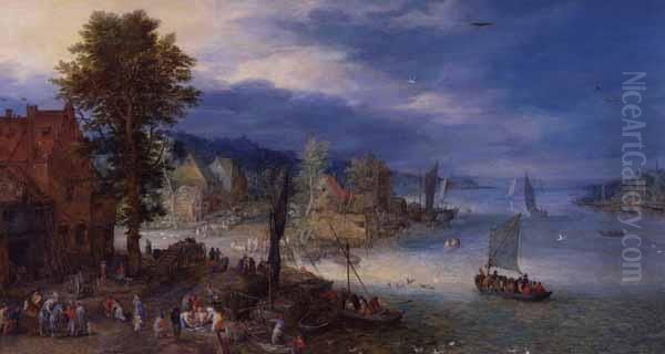 Landscape with a Fishing Village Oil Painting by Jan Brughel