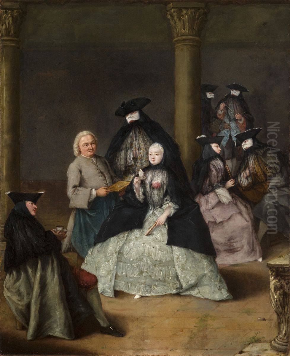 Masked Party in a Courtyard Oil Painting by Pietro Longhi