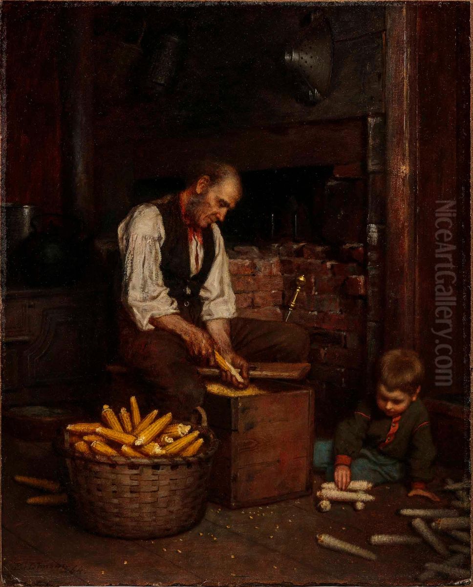 Corn-Shelling Oil Painting by Eastman Johnson
