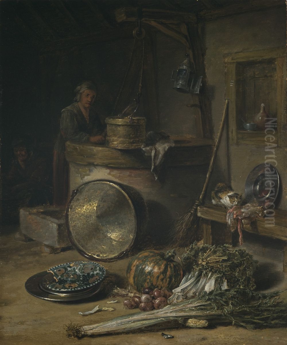 Peasant Interior with Woman at a Well Oil Painting by Willem Kalf