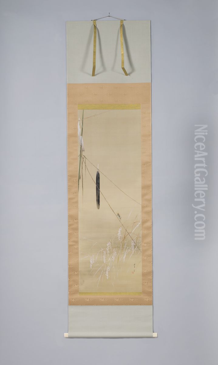 Rice and Grasshopper Oil Painting by Watanabe Shotei