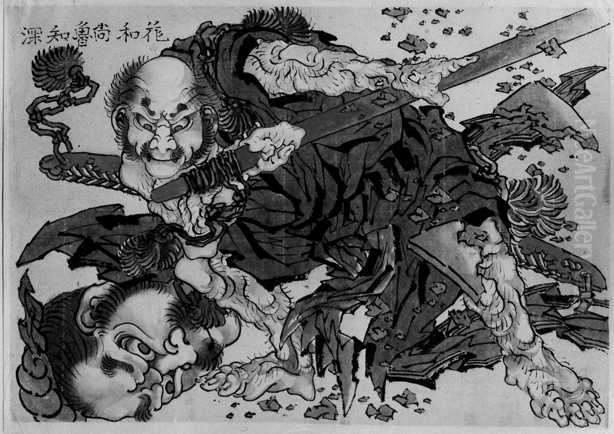 Rochishin Chopping Off the Head of Nio Oil Painting by Katsushika Hokusai