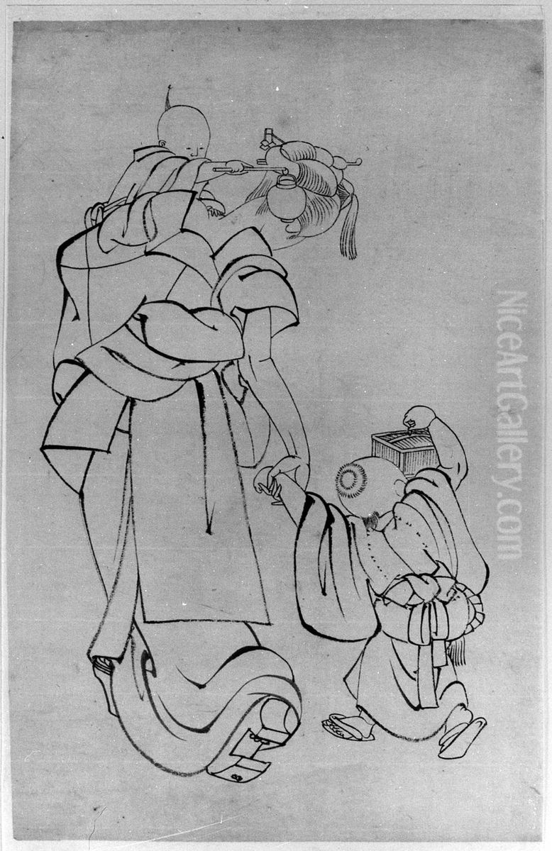 Mother and Children in Summer Night Oil Painting by Katsushika Hokusai