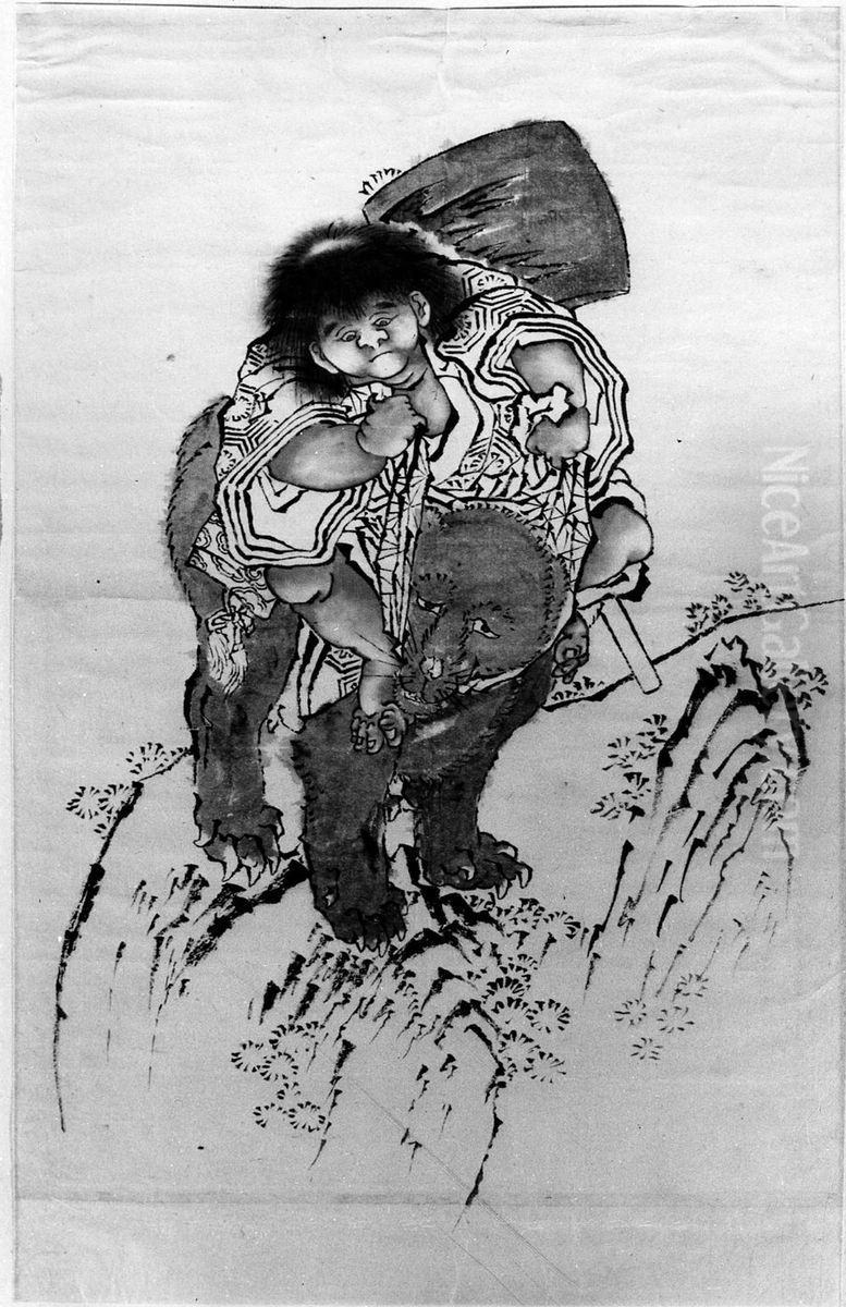 Sakata Kintoki Riding on Bear's Back Oil Painting by Katsushika Hokusai