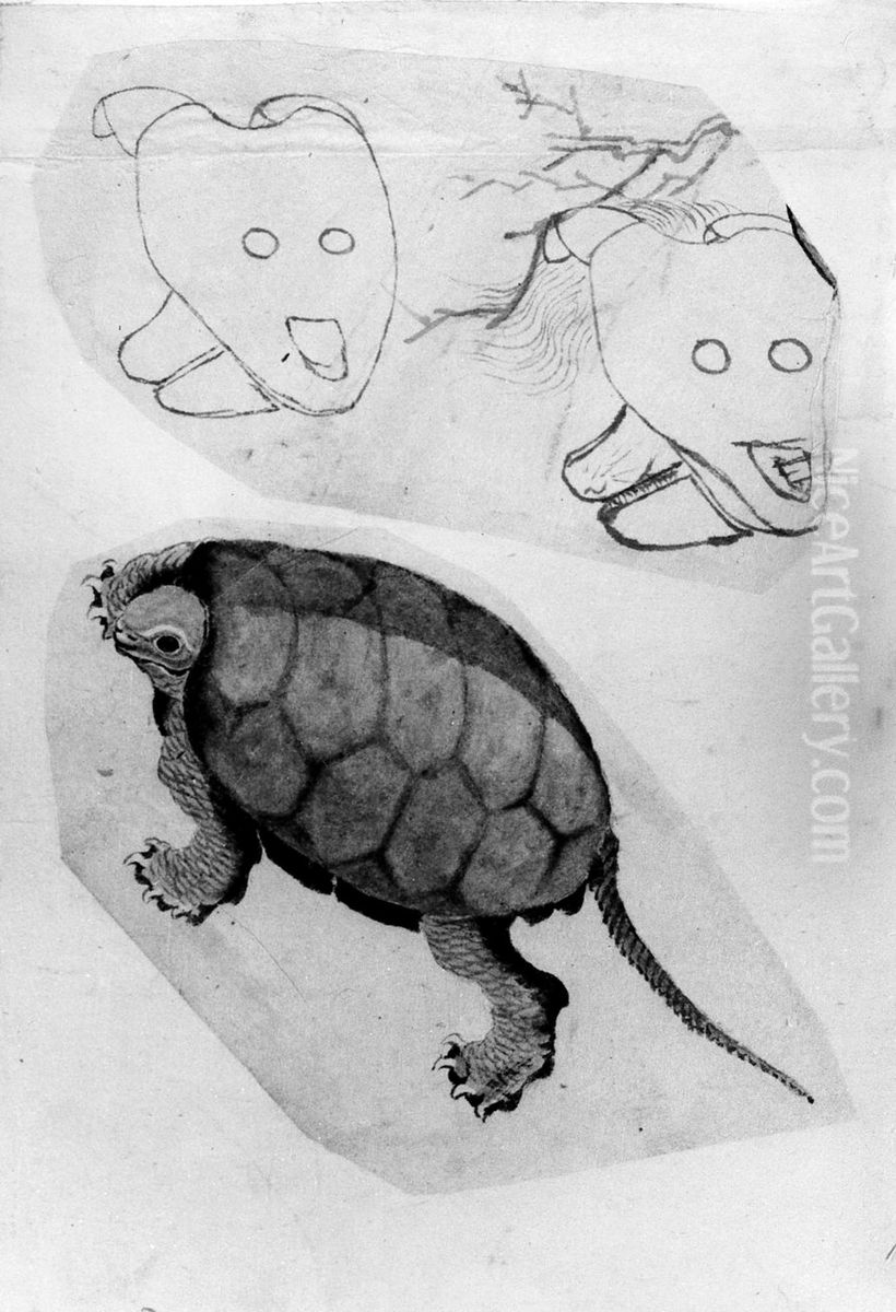 One of a Turtle, the Other of Two Unidentified Objects Oil Painting by Katsushika Hokusai