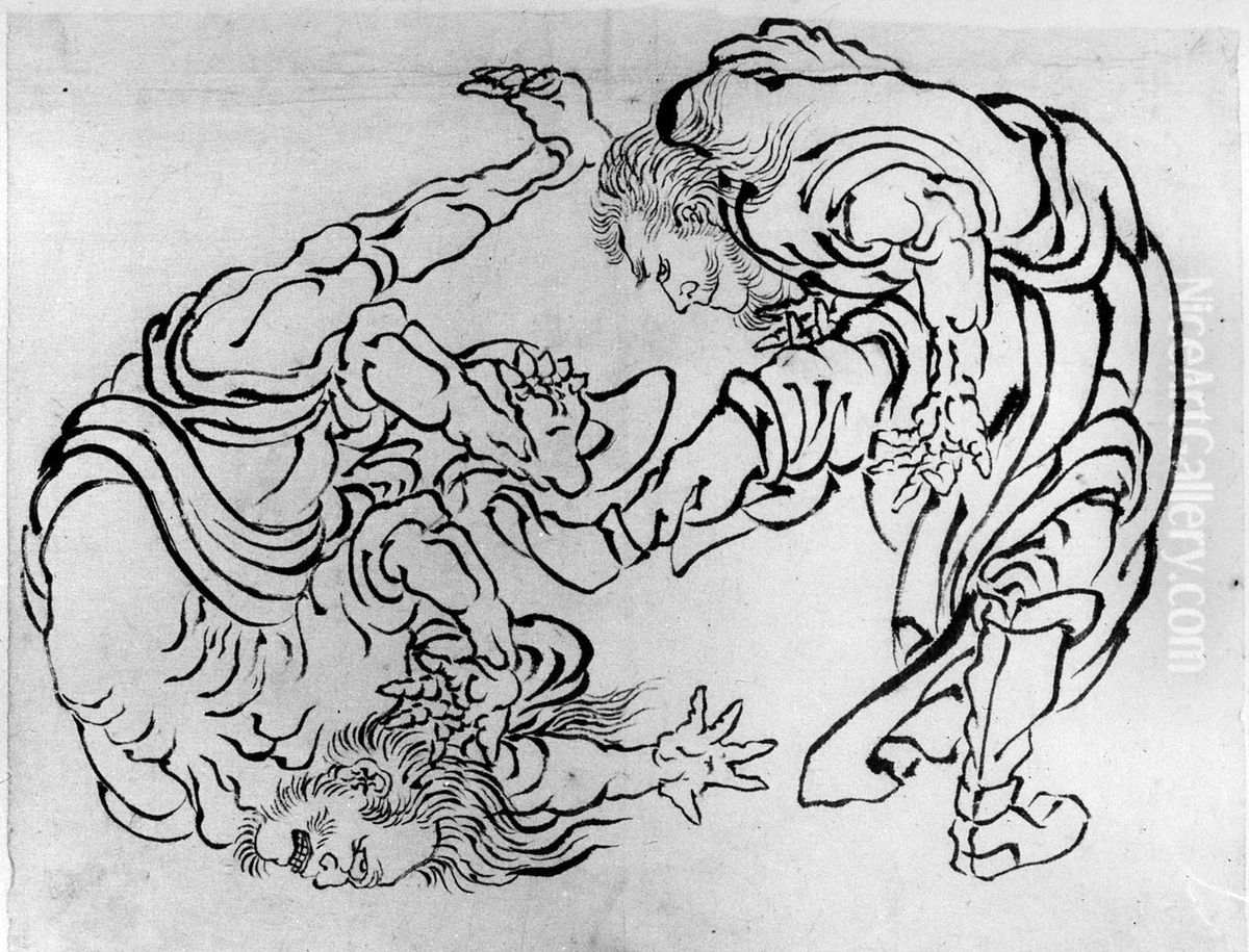 Two Wrestlers Oil Painting by Katsushika Hokusai