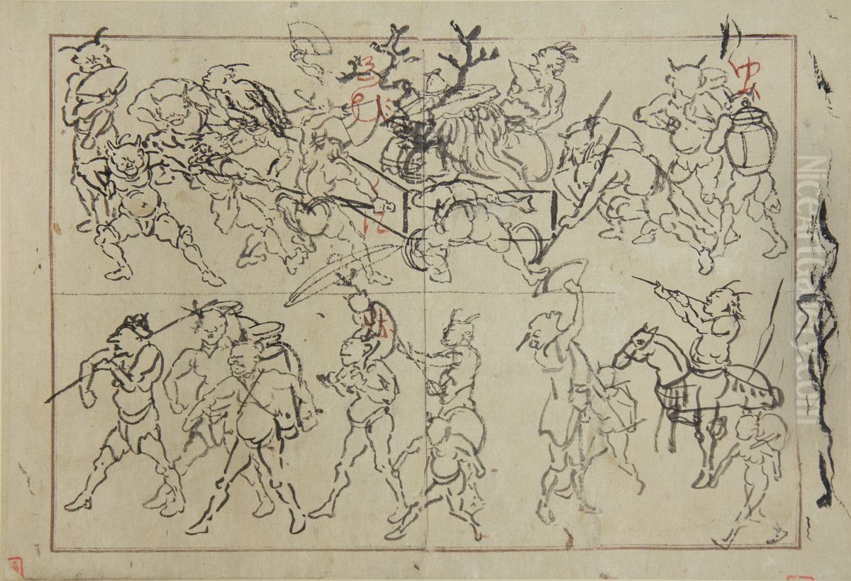 Preliminary Drawings of Demons Oil Painting by Kawanabe Kyosai