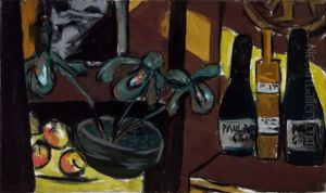Still Life on Brown and Yellow (Champagne Bottles and Orchids)