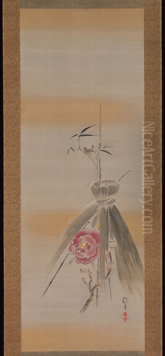 Peony Sheltered by Rice Straw Oil Painting by Sakai Hoitsu