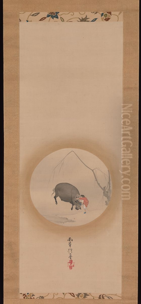 Boy Trying to Make an Ox Drink Oil Painting by Sakai Hoitsu