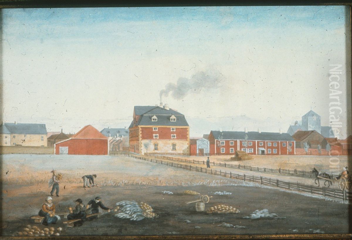 Sukkerhuset i Trondhjem (senere E.C. Dahls bryggeri) og Schnitlergarden Oil Painting by Johannes Finne Rosenvinge