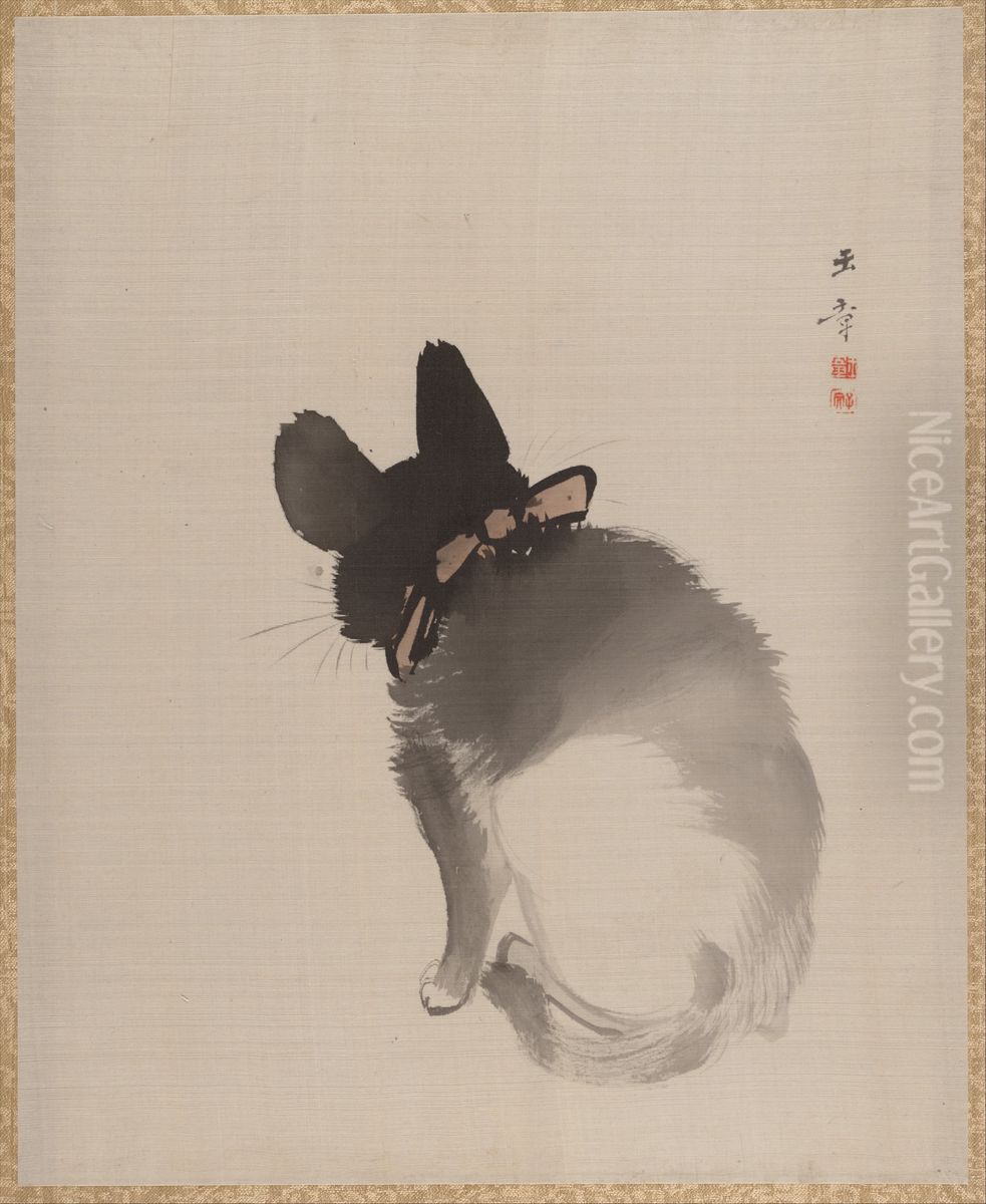 Cat Seen from Behind Oil Painting by Kawabata Gyokusho
