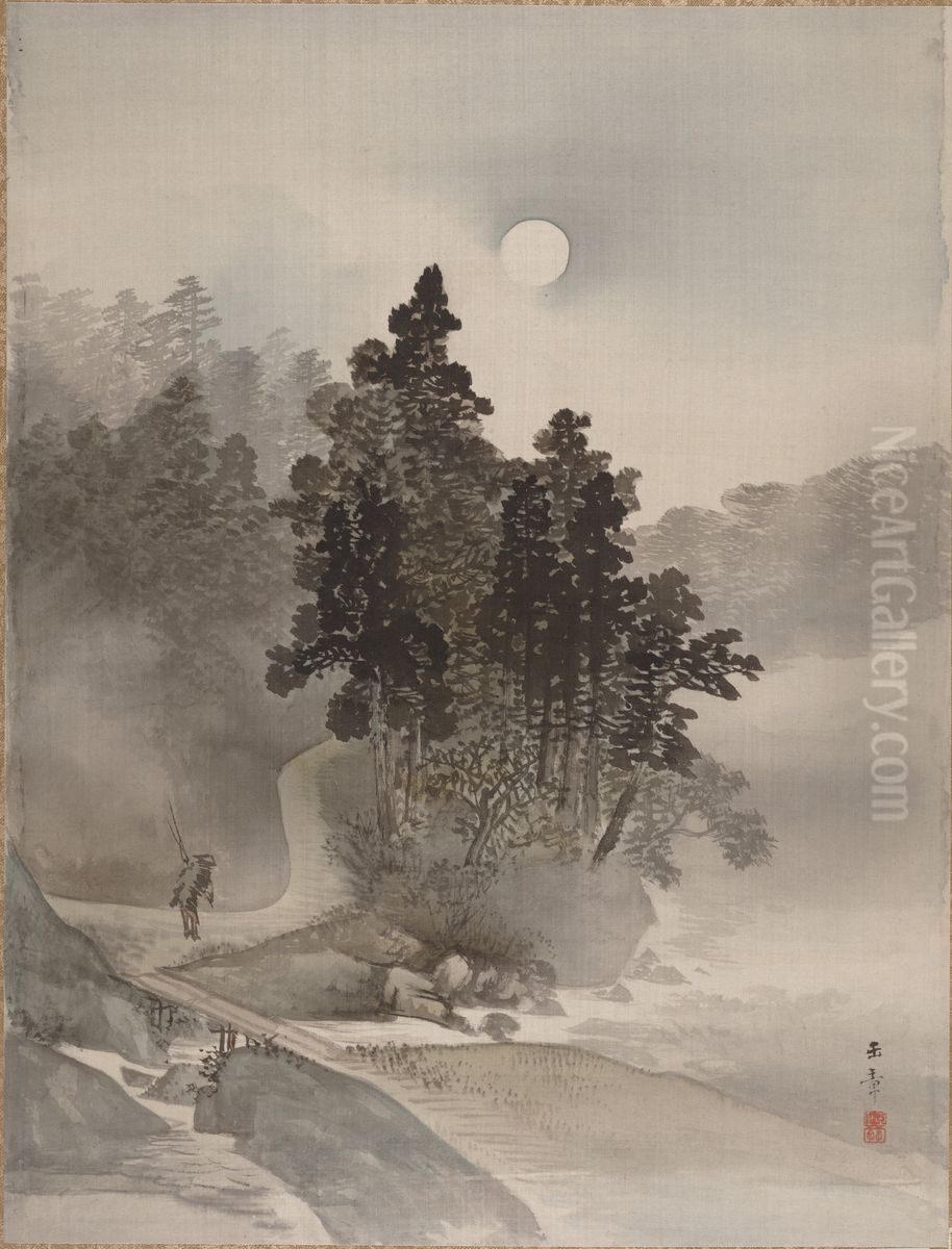 Traveling by Moonlight Oil Painting by Kawabata Gyokusho