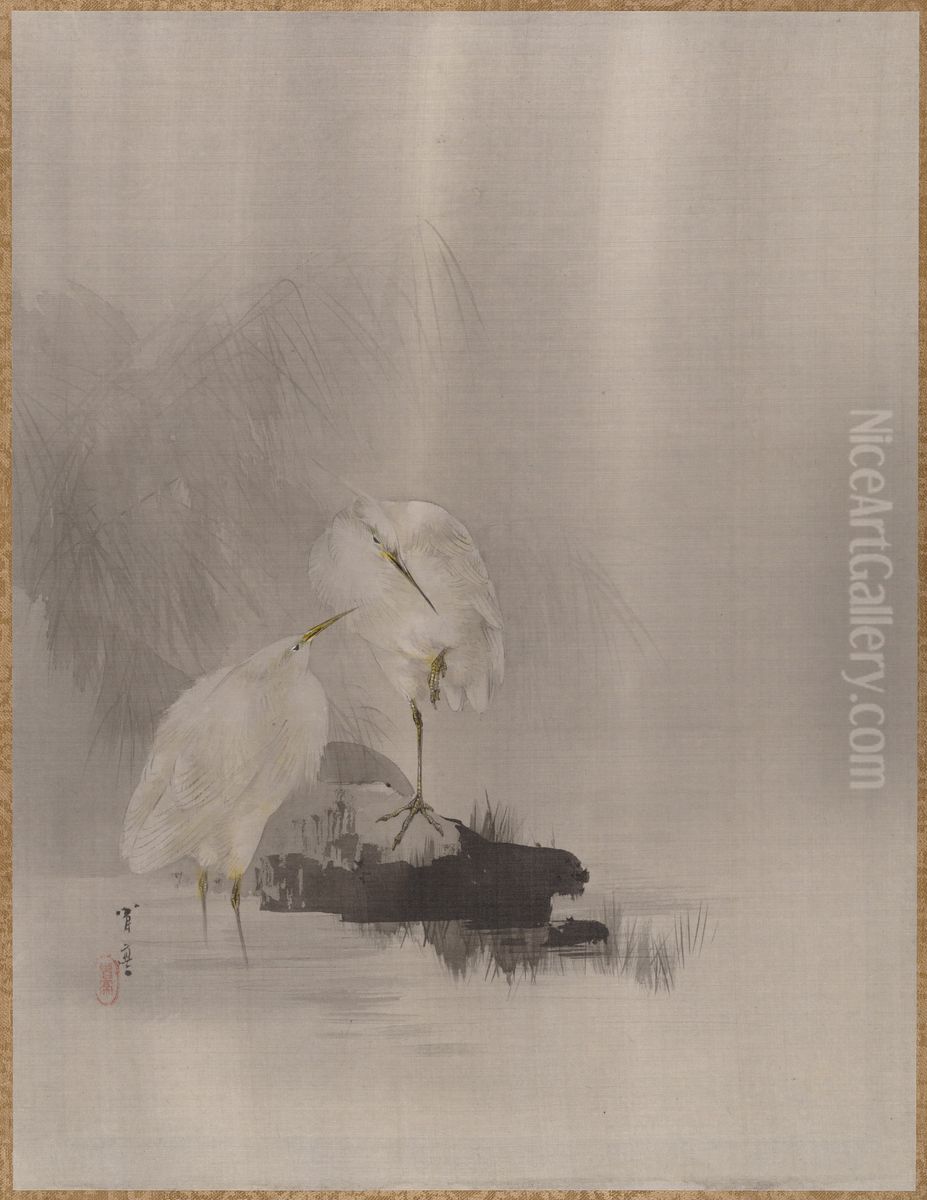 Egrets at the Water's Edge Oil Painting by Watanabe Shotei