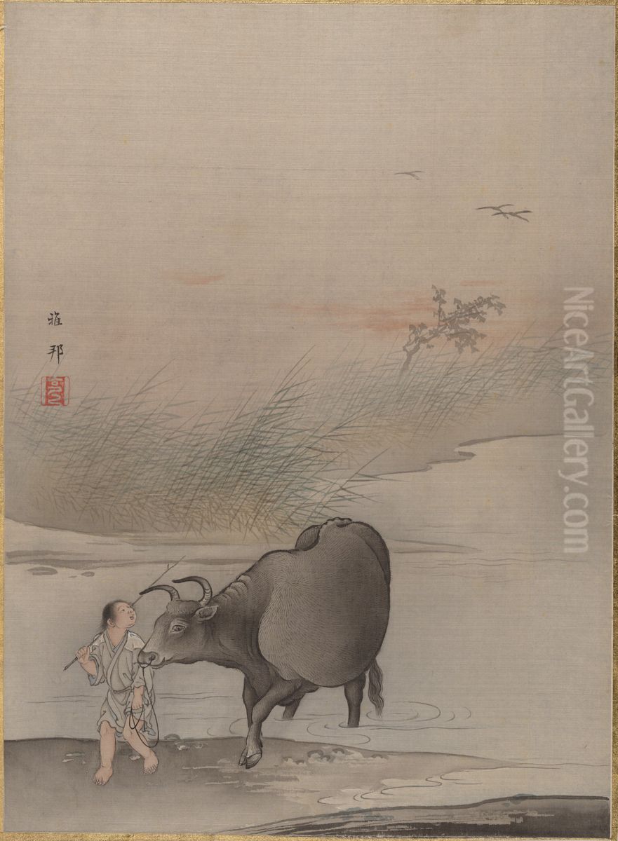 Boy with Cow at the River's Edge Oil Painting by Hashimoto Gaho
