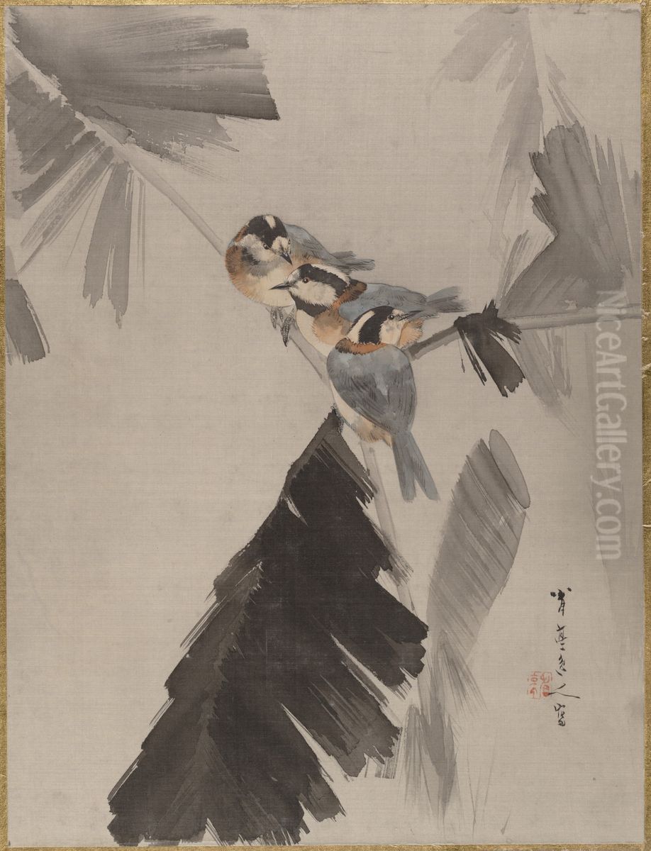 Three Birds on Branch Oil Painting by Watanabe Shotei